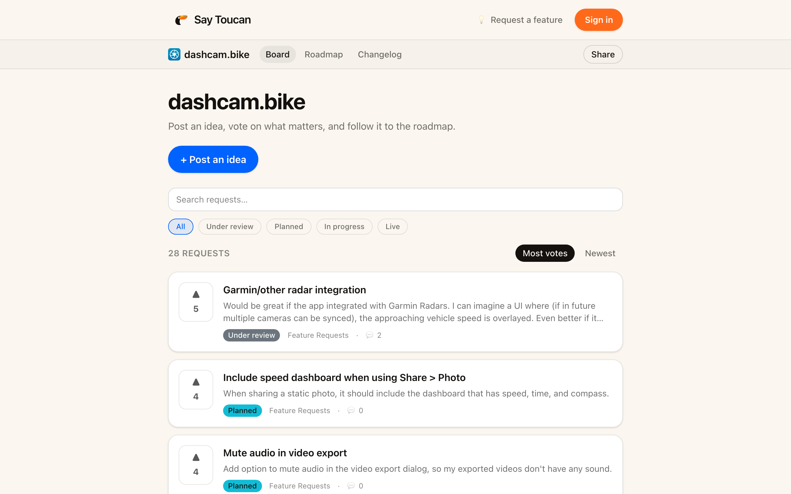 The dashcam.bike feedback board on Say Toucan: a list of requests with vote counts, statuses, and a search box.
