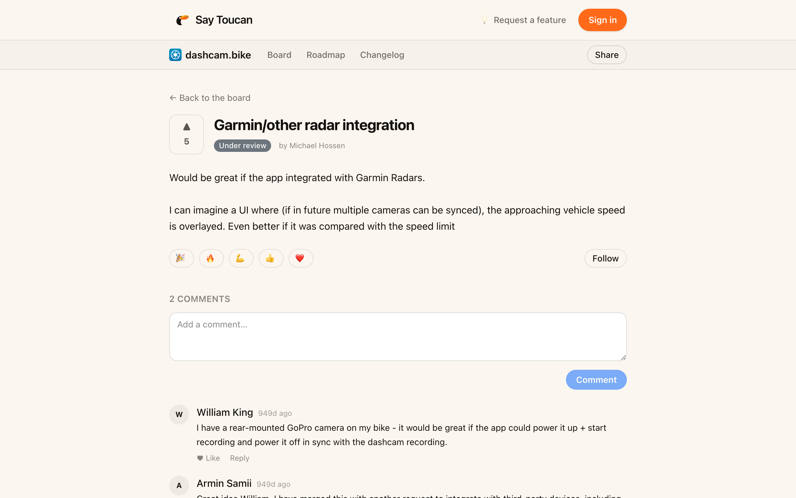 A request page on Say Toucan with the vote button, status, description, reactions, and comments.
