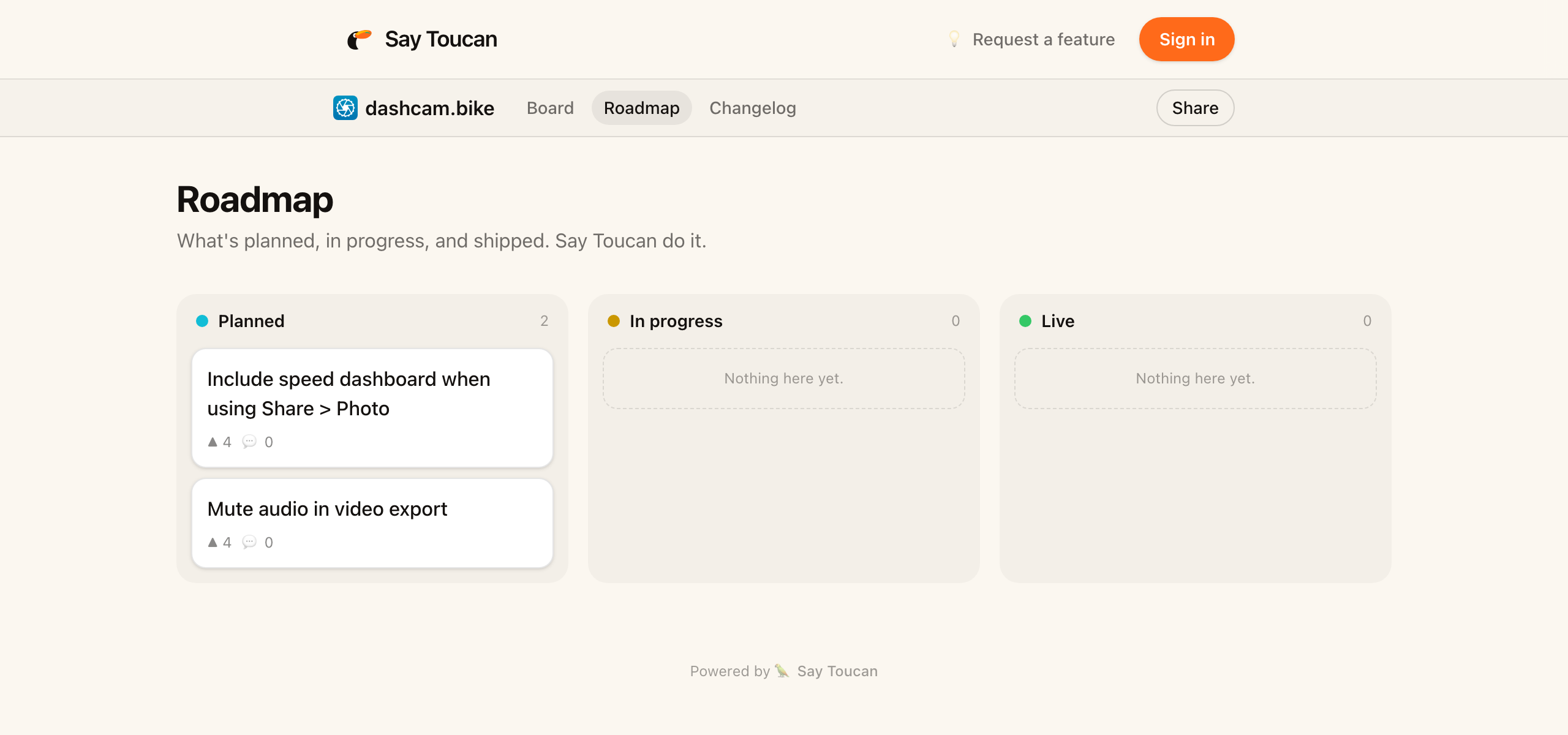 The roadmap view on Say Toucan with Planned, In progress, and Live columns.